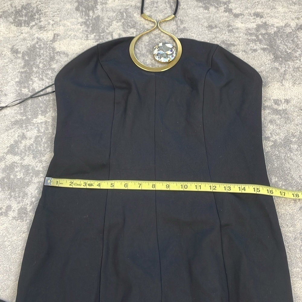 NWT AREA Crystal Cut Out Halter Jumpsuit Brass Glass Jewel Wide Leg Black Sz XL - Picture 12 of 16